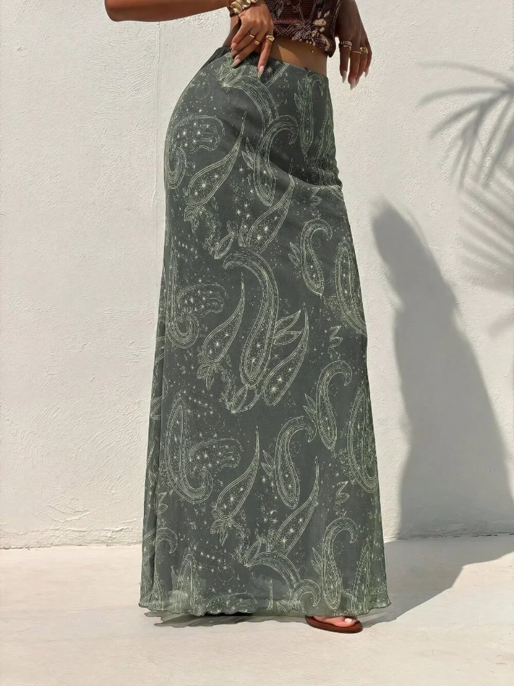 Olive Green Boho Women's Elegant Ruched Low Waist Mermaid Skirt